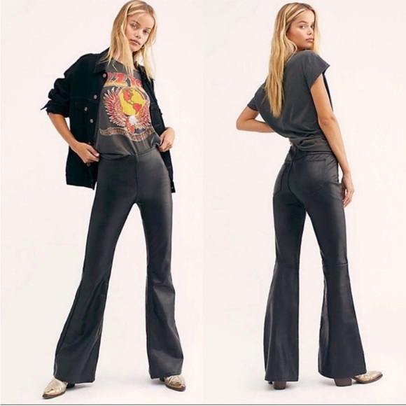 Free People Faux Leather Penny Pull On Flare Jeans in Black - Picture 2 of 12